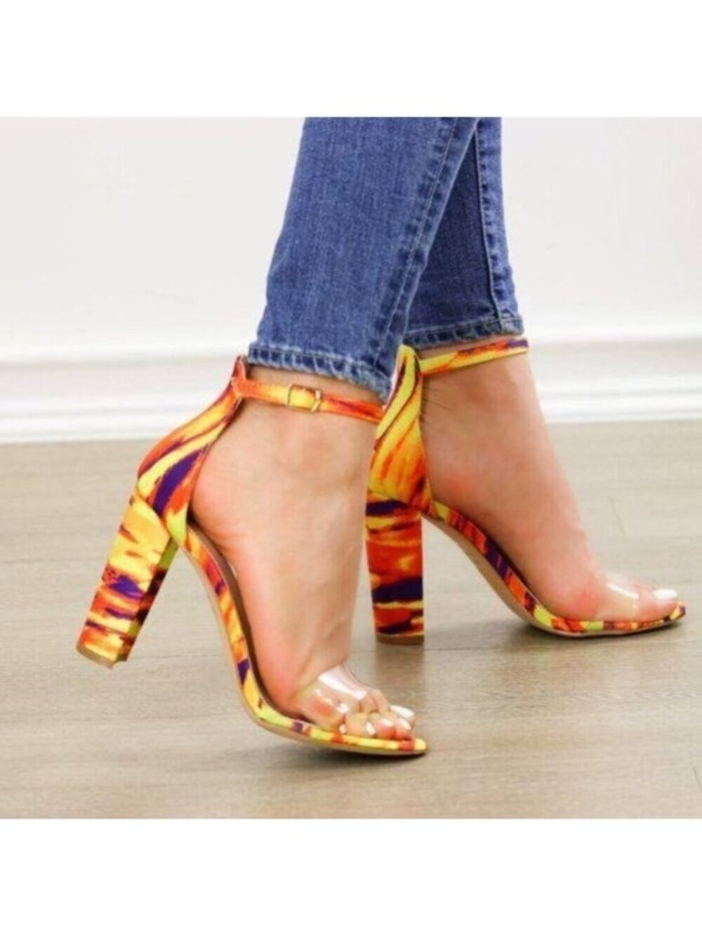 Ankle Strap Chunky Heeled Sandals, Clear Toe Band - Picture 2 of 9